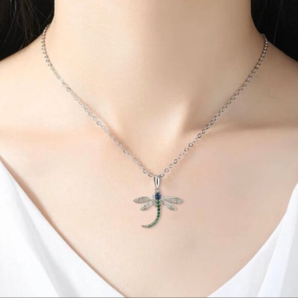 Dragonfly Insect Blue Green Clear CZ Silver Sparkly Fashion Pendant Necklace - Picture 5 of 8